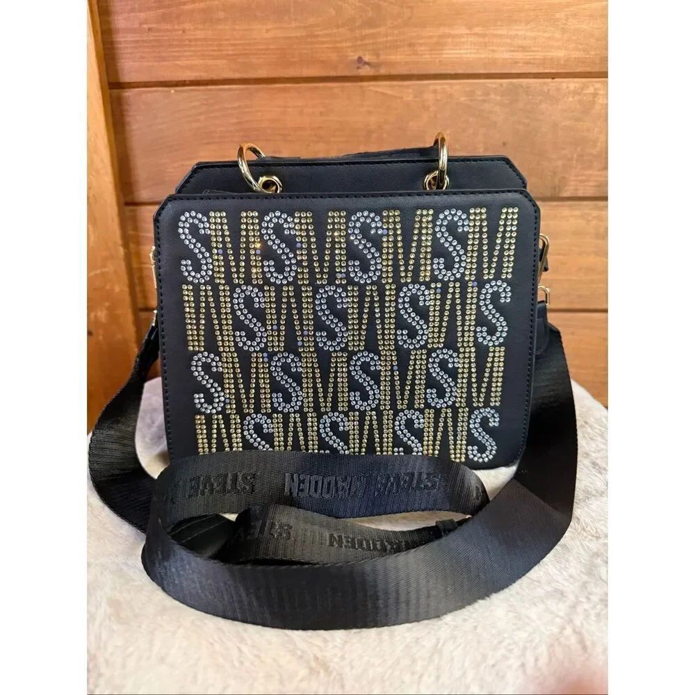 Steve Madden Bevelyn Rhinestone Crystal Logo Crossbody/Tote Black/Gold/Silver